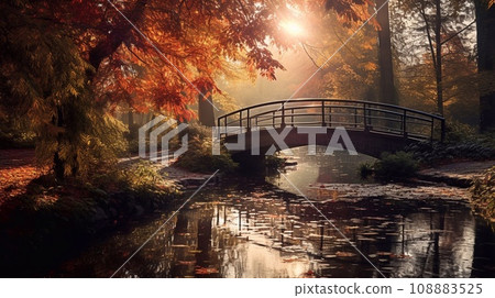 Autumn landscape with a bridge over the river in the park. 108883525