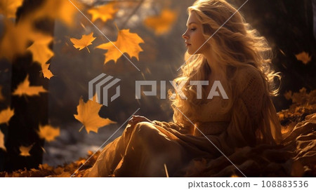 Beautiful young woman in autumn forest with yellow leaves. Beauty, fashion. Beautiful young woman in autumn forest with yellow leaves. Beauty, fashion. 108883536