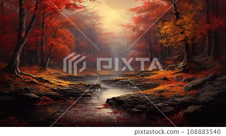 Autumn forest and river Autumn forest and river 108883540