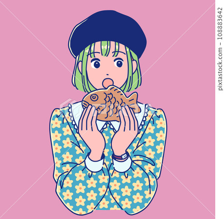 Retro pop girl eating taiyaki 108883642