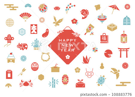 日本新年圖示排列的新年賀卡設計 108883776