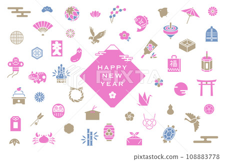 New Year's card design with Japanese New Year icons lined up New Year's card design with Japanese New Year icons lined up 108883778
