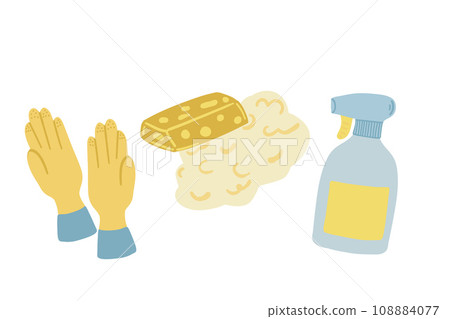 Gloves clean windows sponge spray hand drawn set Gloves clean windows sponge spray hand drawn set 108884077