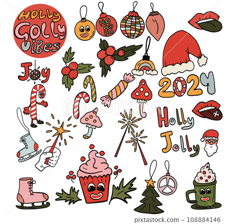 Big set of groovy Christmas icons hand drawn Big set of groovy Christmas icons hand drawn 108884146