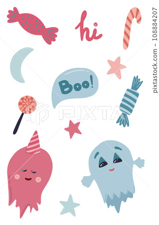 Cute ghosts with candies hand drawn set  108884207