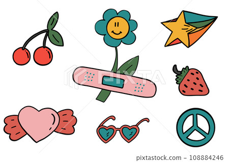 Groovy characters icons set vintage hand drawn Groovy characters icons set vintage hand drawn 108884246