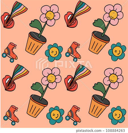 Groovy psychedelic hand drawn seamless pattern Groovy psychedelic hand drawn seamless pattern 108884263