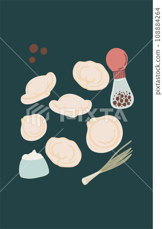 Russian dumplings with onion and cream hand drawn set Russian dumplings with onion and cream hand drawn set 108884264