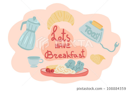 Breakfast with coffee and toast hand drawn set 108884359