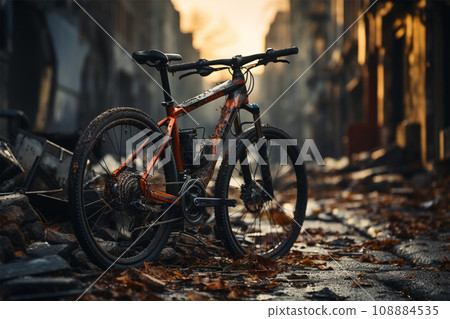 bicycle next to a landfill on an autumn street after destruction.  108884535