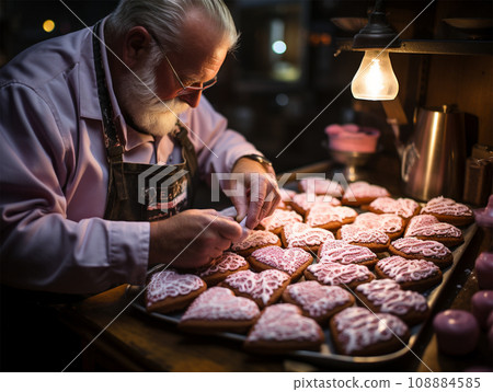 a baker makes heart-shaped gingerbread cookies with icing for Valentine's Day a baker makes heart-shaped gingerbread cookies with icing for Valentine's Day 108884585