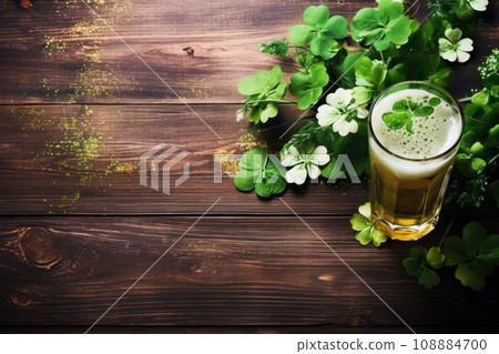 St. Patrick's Day leprechaun drink and clover on table St. Patrick's Day leprechaun drink and clover on table 108884700