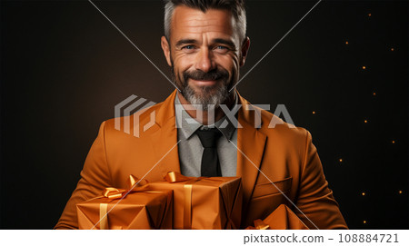 Sexy modern man dressed in an elegant orange suit with gifts in his hands 108884721