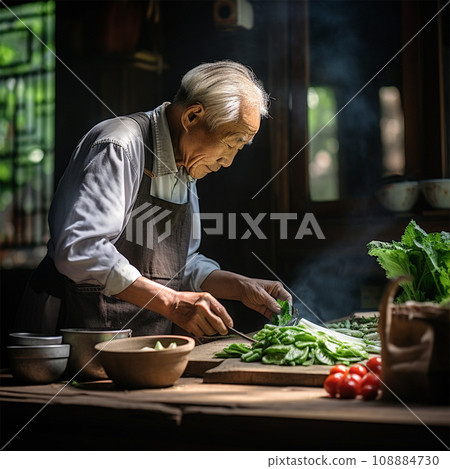 gray-haired senior man with a beard in the kitchen. rustic style 108884730