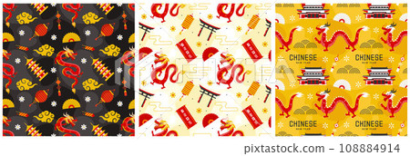 Happy Chinese New Year 2024 Seamless Pattern Design. Translation : Year of the Dragon. with Lantern, Dragons and China Elements in Flat Illustration 108884914