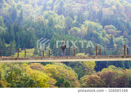 A young man lingering on a suspension bridge A young man lingering on a suspension bridge 108885166