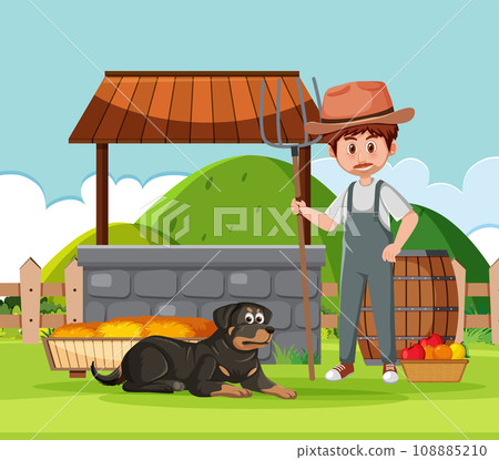Man Holding Garden Fork at Farm Landscape with Dog Sitting Next To Man Holding Garden Fork at Farm Landscape with Dog Sitting Next To 108885210