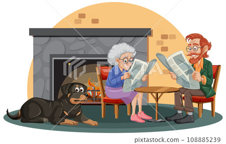 Elderly Couple Reading Newspaper with Rottweiler Dog 108885239