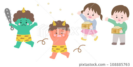 Illustration of a running demon and a child throwing beans Illustration of a running demon and a child throwing beans 108885763
