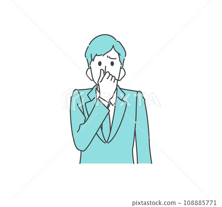 A frowning young man pinching his nose (suit, business) 108885771