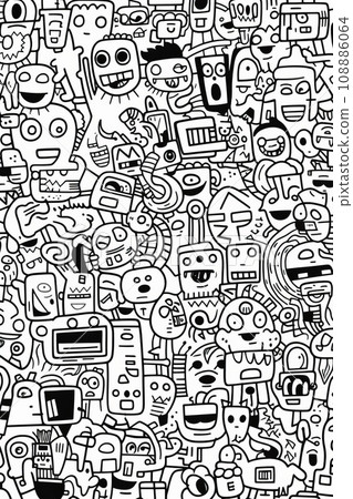 Illustration of coloring book doodle crowd cute alien monster Created with Generative AI technology. 108886064