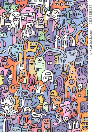 Illustration of colorful doodle crowd cute alien and monster Created with Generative AI technology. 108886185