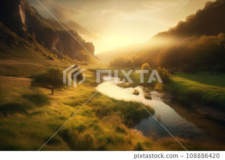 Beautiful landscape countryside with green meadow on the hill Created with Generative AI technology. Beautiful landscape countryside with green meadow on the hill Created with Generative AI technology. 108886420