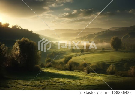 Beautiful landscape countryside with green meadow on the hill Created with Generative AI technology. Beautiful landscape countryside with green meadow on the hill Created with Generative AI technology. 108886422