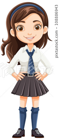 Smiling Cartoon Character: Beautiful Girl Student in School Uniform 108886943