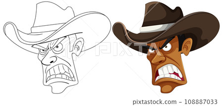 Angry Cowboy Cartoon with Doodle Outline for Coloring Pages 108887033