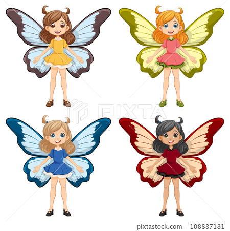 Four Cute Girls in Fantasy Fairy Dresses - Stock Illustration [108887181] -  PIXTA