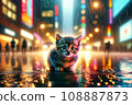 A lost kitten soaking in the rain with no destination in the city at night: AI-generated image 108887873