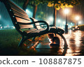 A lost kitten sheltering from the rain alone in a park at night: AI-generated image 108887875