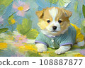 Puppy wearing oil painting clothes: AI-generated image 108887877