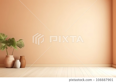 Minimalist living room interior with wooden floor, decor on a large wall. Generative ai 108887901