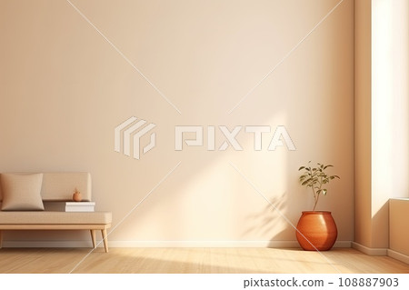 Minimalist living room interior with wooden floor, decor on a large wall. Generative ai 108887903