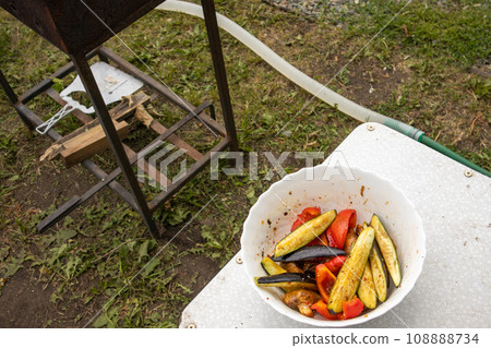 Delicious sliced grilled vegetables. Rustic background lawn and barbecue Delicious sliced grilled vegetables. Rustic background lawn and barbecue 108888734