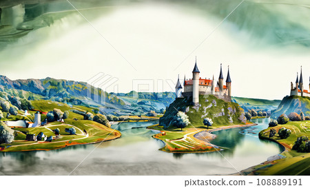 Illustration of a medieval European castle along a river 108889191