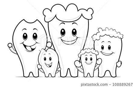 AI-generated content. Black and white illustration of teeth family isolated on white background 108889267