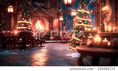 Warm cafe with fireplace and Christmas tree - Generative AI 108889724