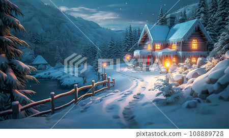 Snow-covered mountain hut at sunset - Generative AI 108889728