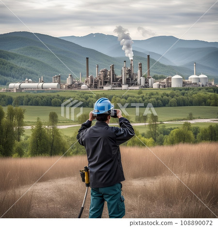 Generative AI illustration of industrial espionage of a chemical plat as a distant person photographs the area. 108890072