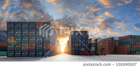 Stack of containers in a harbor. Shipping containers stacked on cargo ship. 108890087