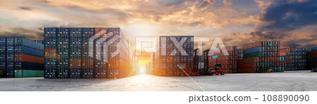 Stack of containers in a harbor. Shipping containers stacked on cargo ship. Stack of containers in a harbor. Shipping containers stacked on cargo ship. 108890090