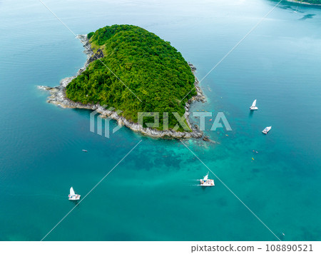 Aerial view seashore with mountains at Phuket Thailand, Beautiful seacoast view at open sea in summer season,Nature recovered Environment and Travel background 108890521