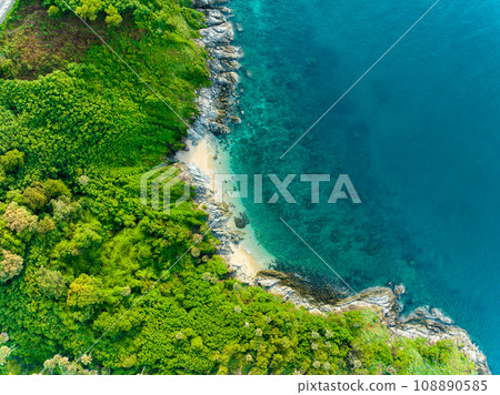 Aerial view seashore with mountains at Phuket Thailand, Beautiful seacoast view at open sea in summer season,Nature Environment and Travel background 108890585