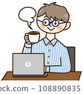 A man operating a computer while drinking coffee 108890835