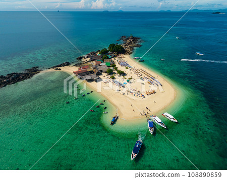 Aerial view drone shot of Amazing small island beautiful tropical sandy beach landscape view at koh Khai maew Island in Phang Nga Thailand,Amazing small island with many Cats live in small island 108890859