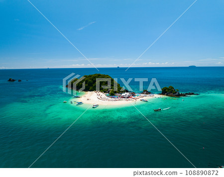 Aerial view drone shot of Amazing small island beautiful tropical sandy beach landscape view at koh Khai maew Island in Phang Nga Thailand,Amazing small island with many Cats live in small island 108890872