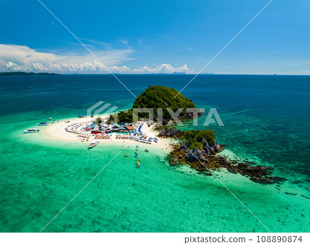 Aerial view drone shot of Amazing small island beautiful tropical sandy beach landscape view at koh Khai maew Island in Phang Nga Thailand,Amazing small island with many Cats live in small island 108890874